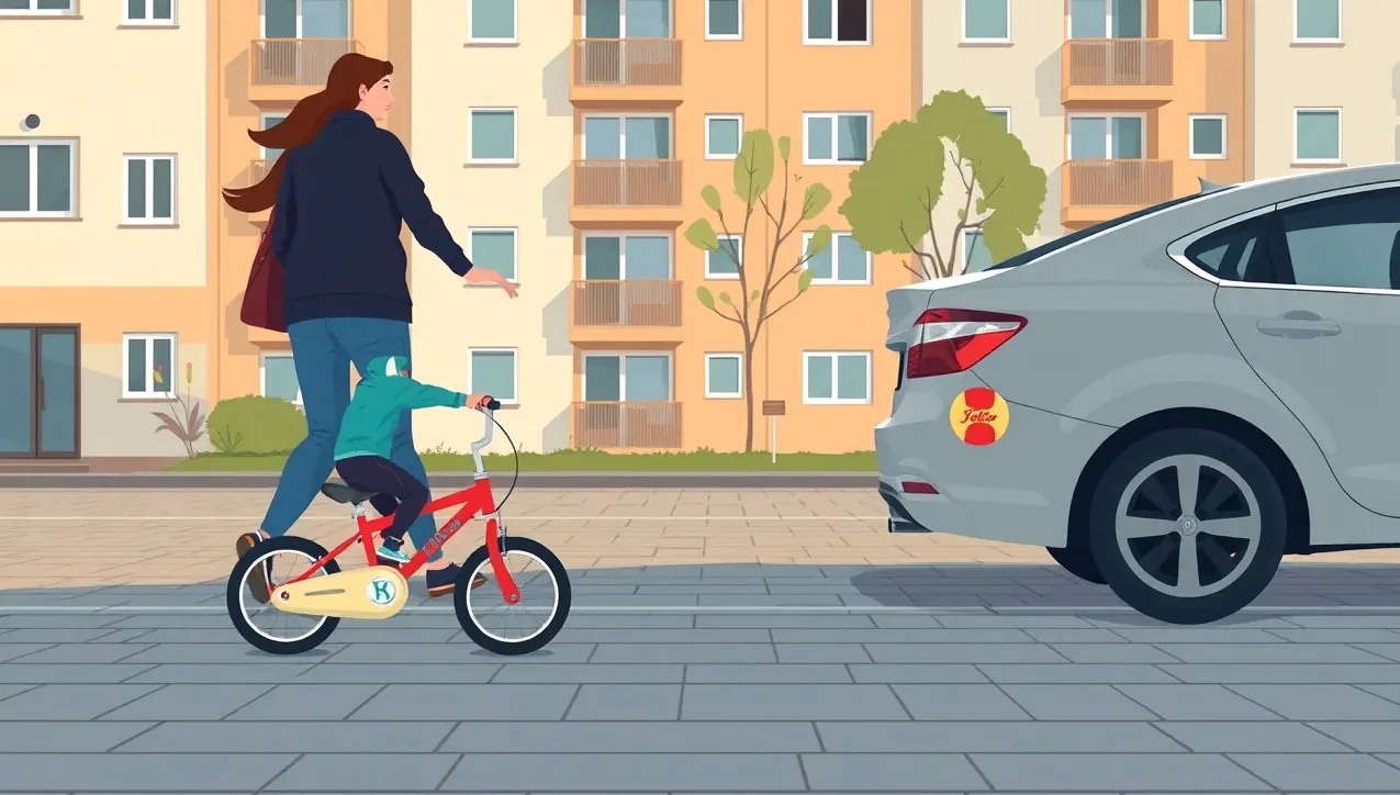 Cyklista stojaci vedľa poškodeného zaparkovaného auta na mestskom parkovisku