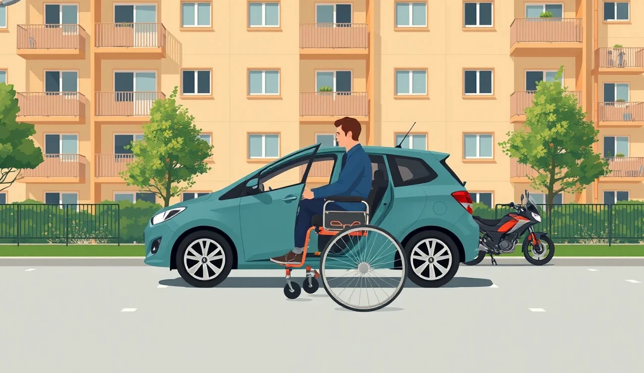 Vodič so zníženou mobilitou nastupujúci do osobného automobilu s ručným riadením