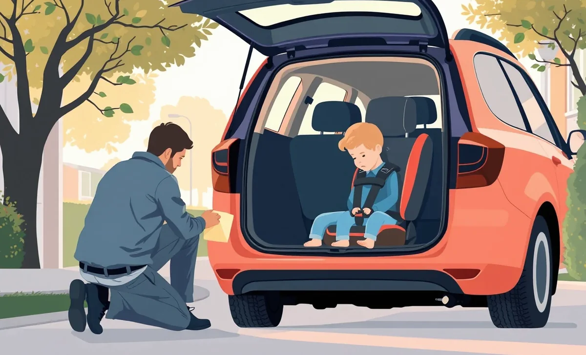 Rodič zapínajúci bezpečnostné pásy dieťaťu v modernej autosedačke pred jazdou