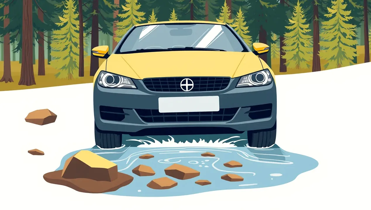 Auto zapadnuté v hlbokom blate na rozmočenej lúke pri lese