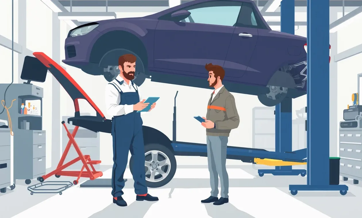 Mechanik v autoservise kontroluje poškodený motorový priestor a elektroinštaláciu po škodovej udalosti