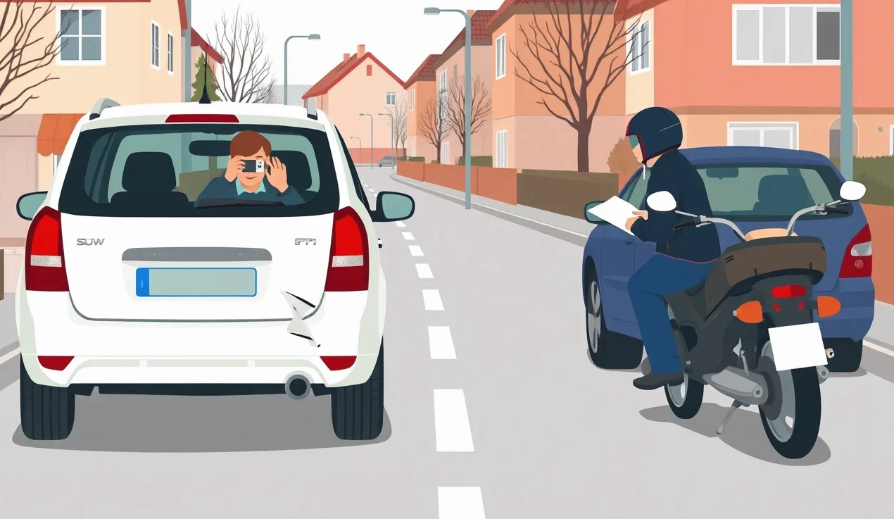 Ruka vypisuje modré tlačivo európskeho záznamu o dopravnej nehode na kapote auta