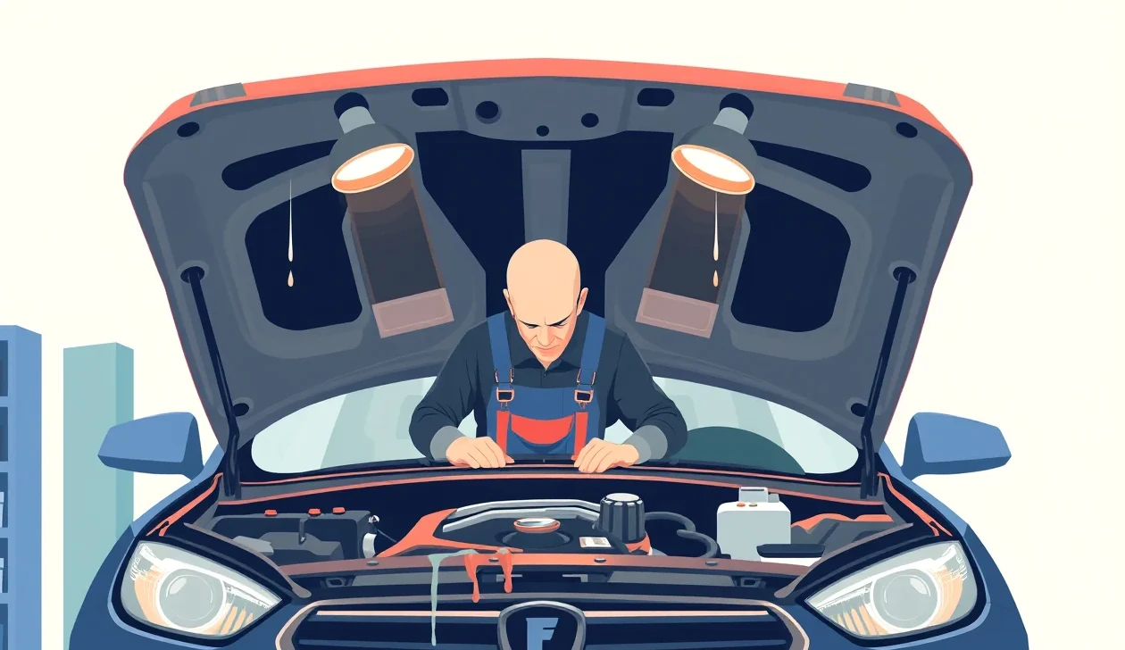 Mechanik v autoservise demontuje zničený motor vozidla po nasatí vody z cesty