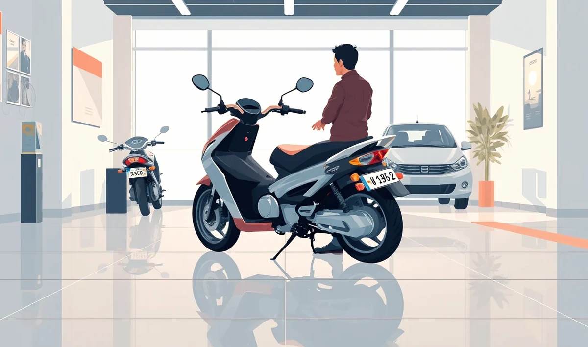 Motocyklista porovnáva ponuky povinného zmluvného poistenia pri stole s kúpnou zmluvou
