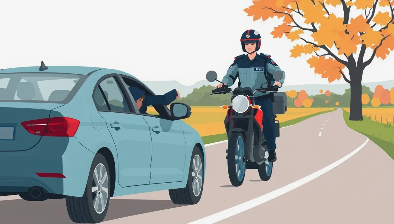 Policajná hliadka kontrolujúca doklady vodiča pri cestnej kontrole