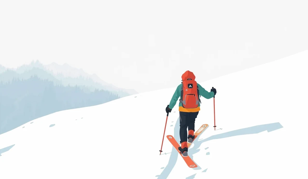 Skialpinista na lyžiach stúpa po zasneženom svahu vo Vysokých Tatrách s batohom a výstrojom