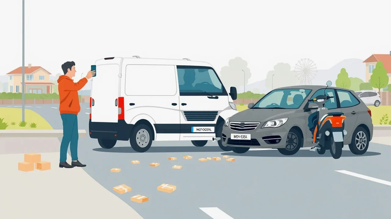 Dodávka s poškodeným predným nárazníkom na mestskej križovatke