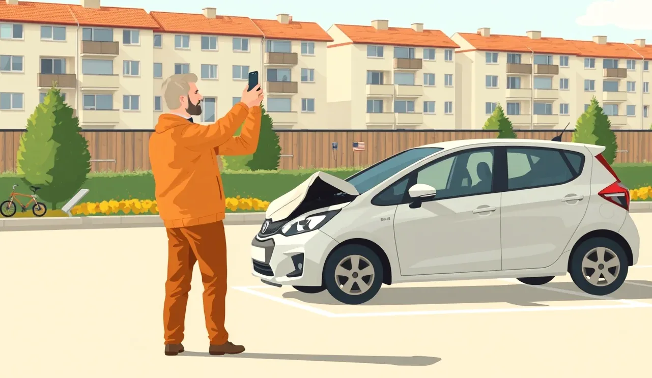 Manažér vozového parku fotografuje smartfónom firemné vozidlo na parkovisku